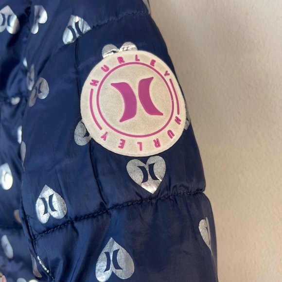Hurley Puffer Jacket Girls S 8 10 Heart Navy Silver Fleece Lined Hooded Full Zip - Picture 4 of 14